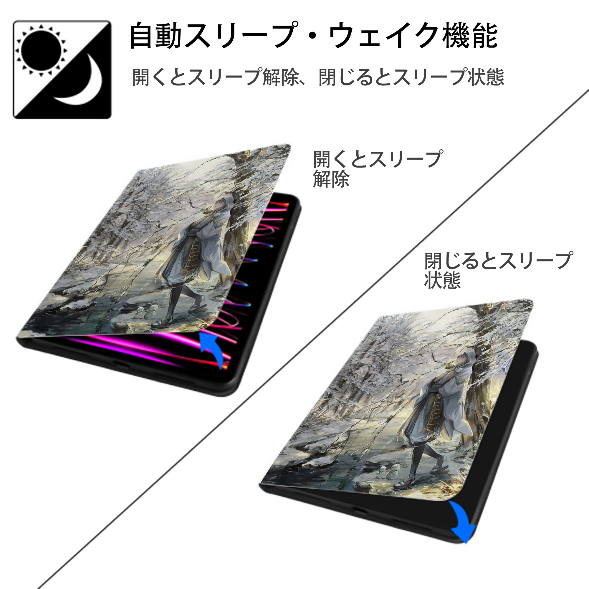 刀剣乱舞 Touken Ranbu IPad ケース ペン収納付き 三つ折りスタンド PUレザー×シリコン 対応機種9.5/10.5/10.9インチ