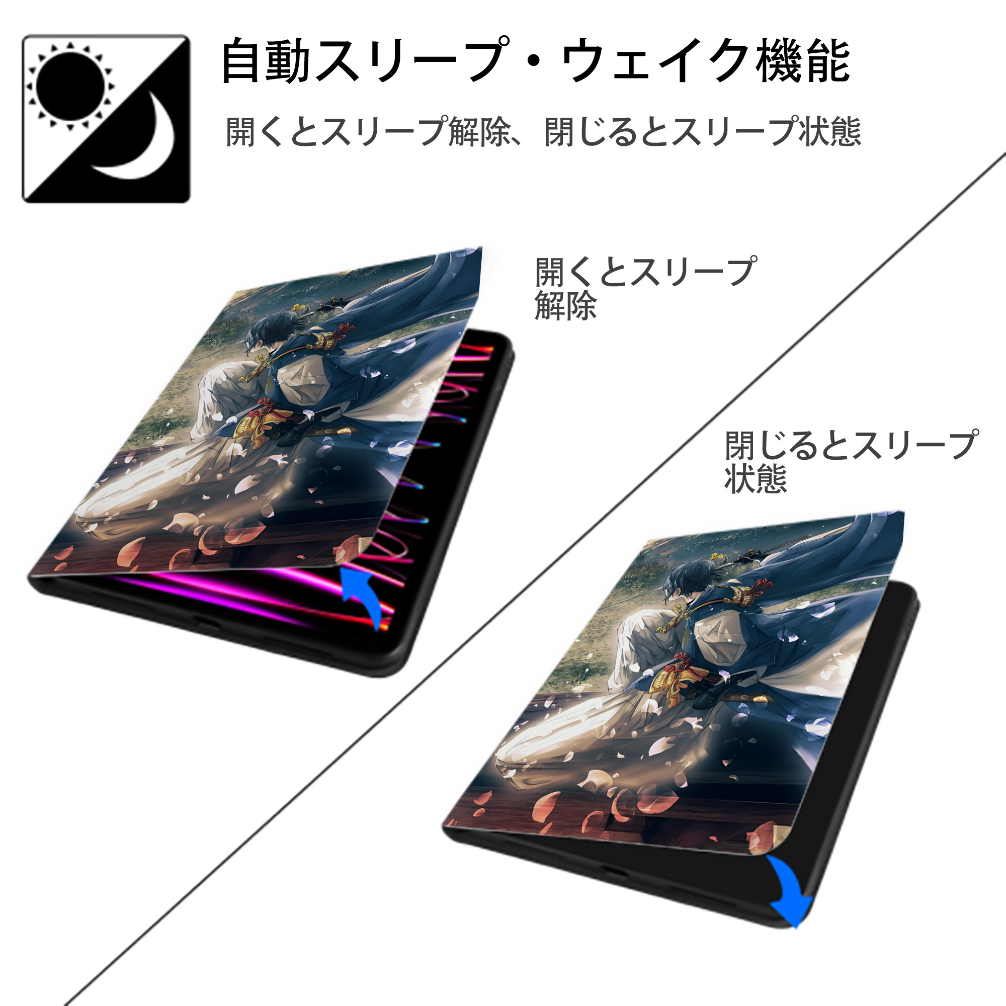 刀剣乱舞 Touken Ranbu IPad ケース ペン収納付き 三つ折りスタンド PUレザー×シリコン 対応機種9.5/10.5/10.9インチ